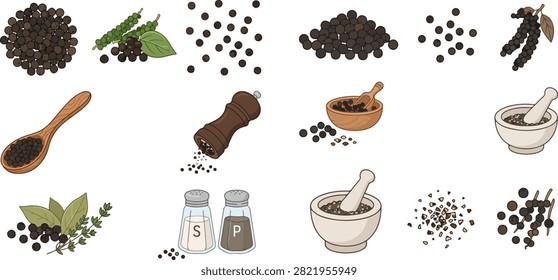 A collection of black pepper illustrations, including whole peppercorns, green peppercorns, pepper mills, salt and pepper shakers, and mortar and pestle.