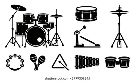 Collection of black percussion instrument silhouettes including a drum kit, snare, cymbals, maracas, tambourine, xylophone, and bongos in a simple graphic icon set