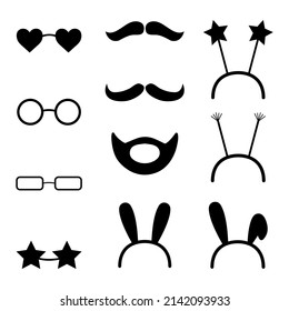 Collection of black photo booth icons. Mustache, glasses, beard. Vector silhouettes for a party.