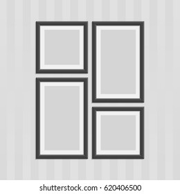 Collection of black photo frames with shadow effects isolated on vintage wall. Set different sizes of photos (frame) for your picture or text. Vector illustration in realistic style. EPS 10.
