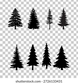 Eine Kollektion von Silhouetten aus schwarzen Kiefern und Tannen, perfekt für Natur-, Wald-, Winter-, Landschafts- und Outdoor-Designprojekte auf weißem Hintergrund. 