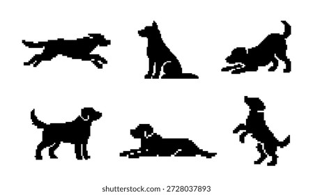 Uma coleção de silhuetas de arte de pixel preto de cães em várias poses como correr, sentar e jogar, isolados em um fundo branco.