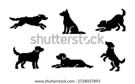 A collection of black pixel art silhouettes of dogs in various poses like running, sitting, and playing, isolated on a white background.