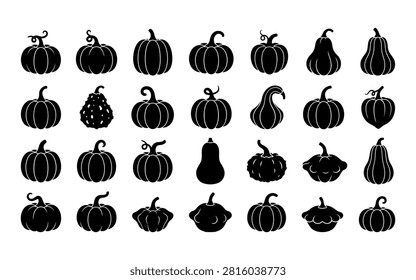 A collection of black pumpkin silhouettes in various shapes and sizes, presented on a white background. The distinctive silhouette style makes these ideal for seasonal designs.