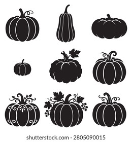 Collection of black pumpkin silhouettes with white accents and decorative elements on a white background.