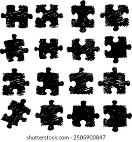 A collection of black puzzle pieces laid out on a white background