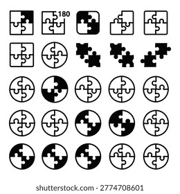A collection of black puzzle pieces in various shapes and configurations, including squares and circles, on a white background, ideal for problem-solving, teamwork, and strategy concepts.