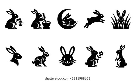 Collection of black rabbit and bunny silhouettes in various poses and styles. Features include rabbit with lantern pestle and mortar rabbit on moon jumping bunny grass hide and seek 