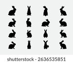 Collection of black rabbit silhouette figures in various action poses arranged in clean grid layout