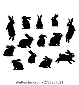 Collection of black rabbit silhouettes in various poses and movements