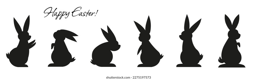 Collection of black rabbits in silhouettes for Easter Holiday. decorative animals, symbols of the celebration, vector graphic decorations.