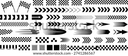 Collection of black racing arrows and checkered flags on white background