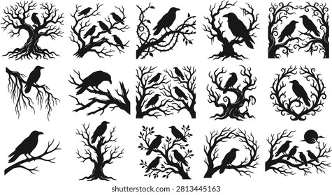 A collection of black raven silhouettes perched on spooky tree branches and roots, perfect for Halloween graphics and eerie designs.
