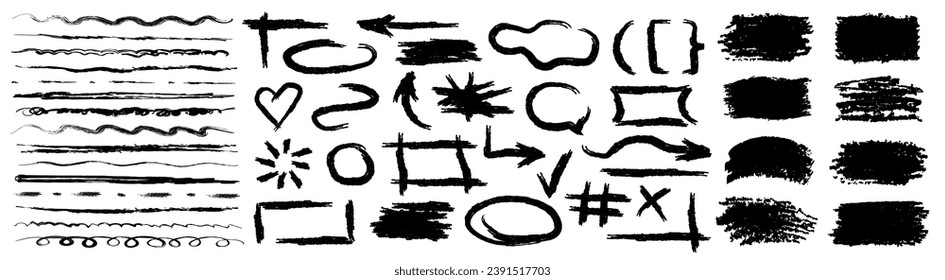 Collection of black raw textured sketch elements on white background. Rough grunge underline markers, text boxes, brush strokes, hand drawn frames, arrows, emphasis, doodle bubbles, etc