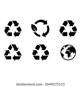 Collection of Black Recycling Symbols Arrows Globe Eco Friendly Icons Sustainable Design Elements Vector Graphics