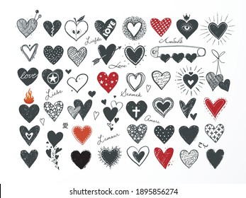 Collection of black and red doodle sketch hearts on white background.  "Love" inscription in different languages