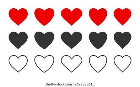 A collection of black and red heart vector icons. Love icons in flat and outline styles with various shapes. Simple style symbolic heart designs for romantic and decorative artwork.