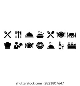 Collection of black restaurant and dining icons featuring service staff silverware serving domes plates and table settings restaurant silverware