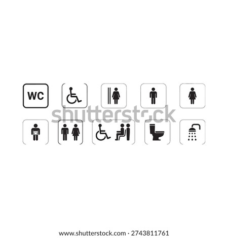 Collection of black restroom and accessibility signage on a white background