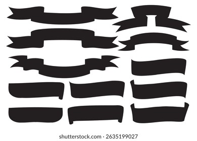Collection of black ribbon banner silhouettes in various shapes for vintage and label design.