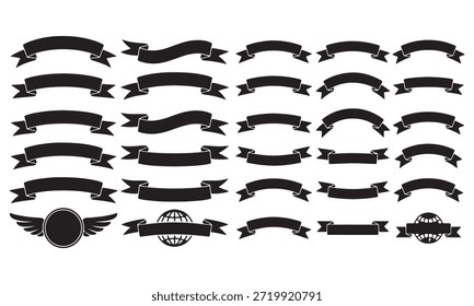 Una colección de Anuncios y marcos de cinta negros, que incluyen alas decorativas, diseños de globos y varias Formas. Ideal para insignias, logotipos, etiquetas y diseños de estilo vintage.