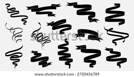 Collection of black ribbon banners in various styles and shapes on a white background.