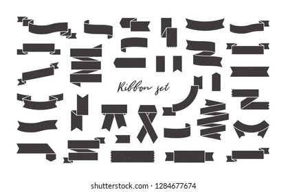 Collection of black ribbon banners, wavy and folded tapes, bookmarks and flags isolated on white background. Bundle of decorative design elements. Monochrome vector illustration in flat style.