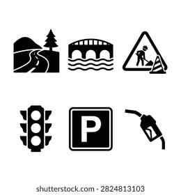 Collection of black road traffic icons including a winding road, bridge, road work warning, traffic light, parking symbol, and fuel nozzle isolated on white.
