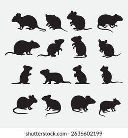 Collection of black rodent silhouettes in various poses on clean white background