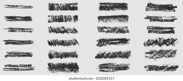 Sammlung von schwarzen rauen Buntstiften, Kreide, Holzkohle oder Buntstiftlinien in Vektorgrafik