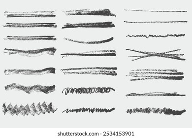 collection of black rough crayon, chalk, charcoal or crayon stroke lines in vector	
