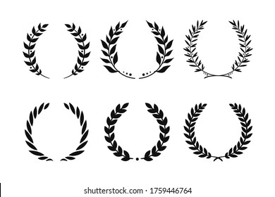 Collection of black round laurel, olive and leaf wreaths for manuscripts, awards, logo, emblem, achievements and reviews. Isolated vector illustrations set on white background. Laurel wreath icons.