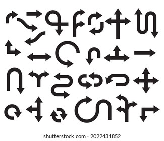 Colección de flechas redondeadas negras. Carretera, navegación o soporte plano. Ilustración vectorial.