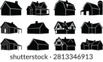 Collection of black rustic house, cottage, cabin, and barn silhouettes in a clean vector style. Ideal for logos, real estate, architecture, farming, branding, web design, signage, and creative graphic projects.