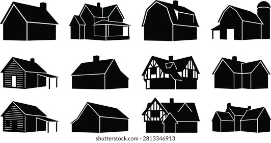 Collection of black rustic house, cottage, cabin, and barn silhouettes in a clean vector style. Ideal for logos, real estate, architecture, farming, branding, web design, signage, and creative graphic projects.