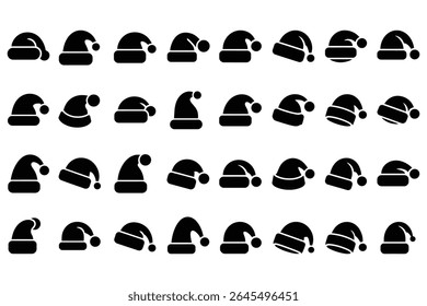 Collection of black santa claus hats in various poses isolated on white background