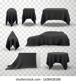 Collection of black satin clothes covering tables. Set of elegant silk tablecloths or draperies of various shapes. Bundle of smooth fabrics concealing different objects. Realistic vector illustration.