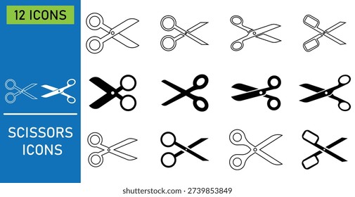 Collection of black scissors icon in various style. Cutting tool scissor outline and silhouette icon set. Open pair of scissors, hairdressing tools, cutting instruments for salon design, Vector.