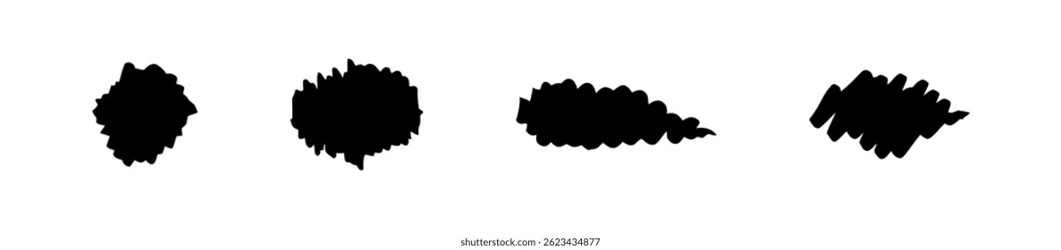 Collection of Black Scribble Shapes on White Background, Hand Drawn Doodle Marks and Black Smears for Highlighting Text