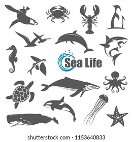collection of black sea animals isolated on white background