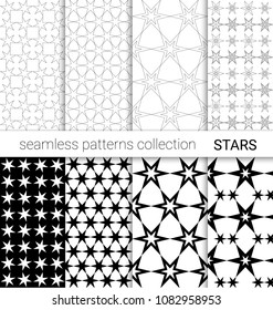 Collection of black seamless patterns with stars.