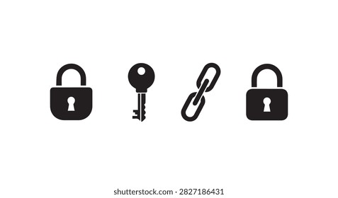Collection of black security icons including lock, key, chain, and unlock symbols representing digital security and access control concepts.