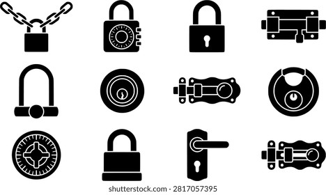 A collection of black security lock and latch icons isolated on a white background vector