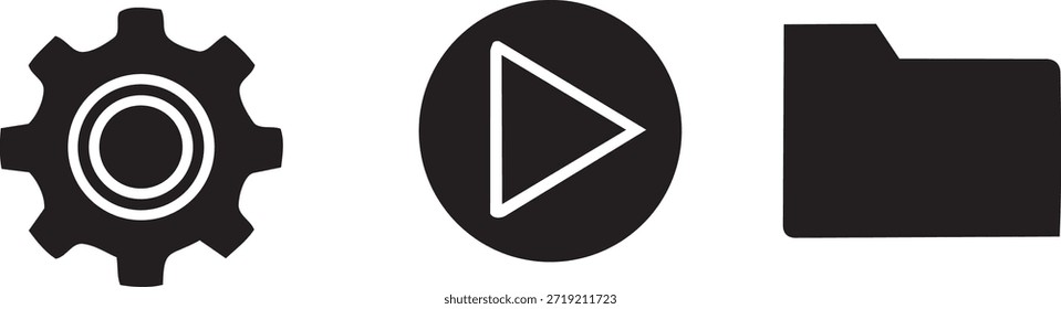 Colección de Configuraciones negras, multimedia e iconos de organización aislados sobre fondo blanco Vector símbolos de interfaz