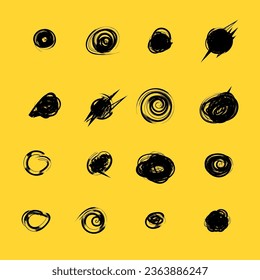 Collection black shapes dots and drops. Set of hand drawn doodle circles in a grunge style. Scribble doodle circle and point. Vector illustration for bullet journal.