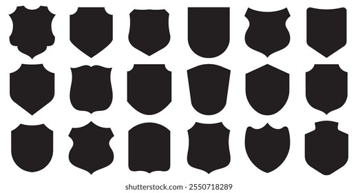 Collection of black shield icons in different shapes isolated on a white background.