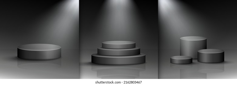 Colección de vitrinas negras. Lujoso escenario sencillo, podio con escaleras y tres andenes para trofeos.  Escena vectorial con focos y resaltados. Pantalla 3D iluminada para la presentación del producto.