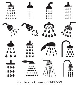 Collection of black shower icons isolated on a white background. Vector illustration