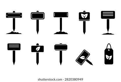 A collection of black signpost and road marker silhouettes displayed on a white background, featuring a distinctive silhouette style.