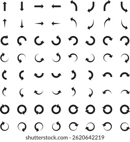 Collection of black silhouette arrow icons showing different directions and circular rotation. Useful for navigation, refresh, loading, or process-related design elements.